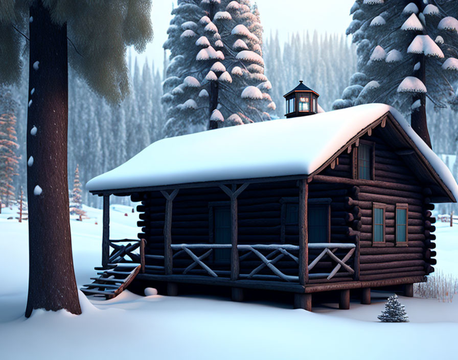 Snow-covered log cabin in wintry forest with glowing lantern