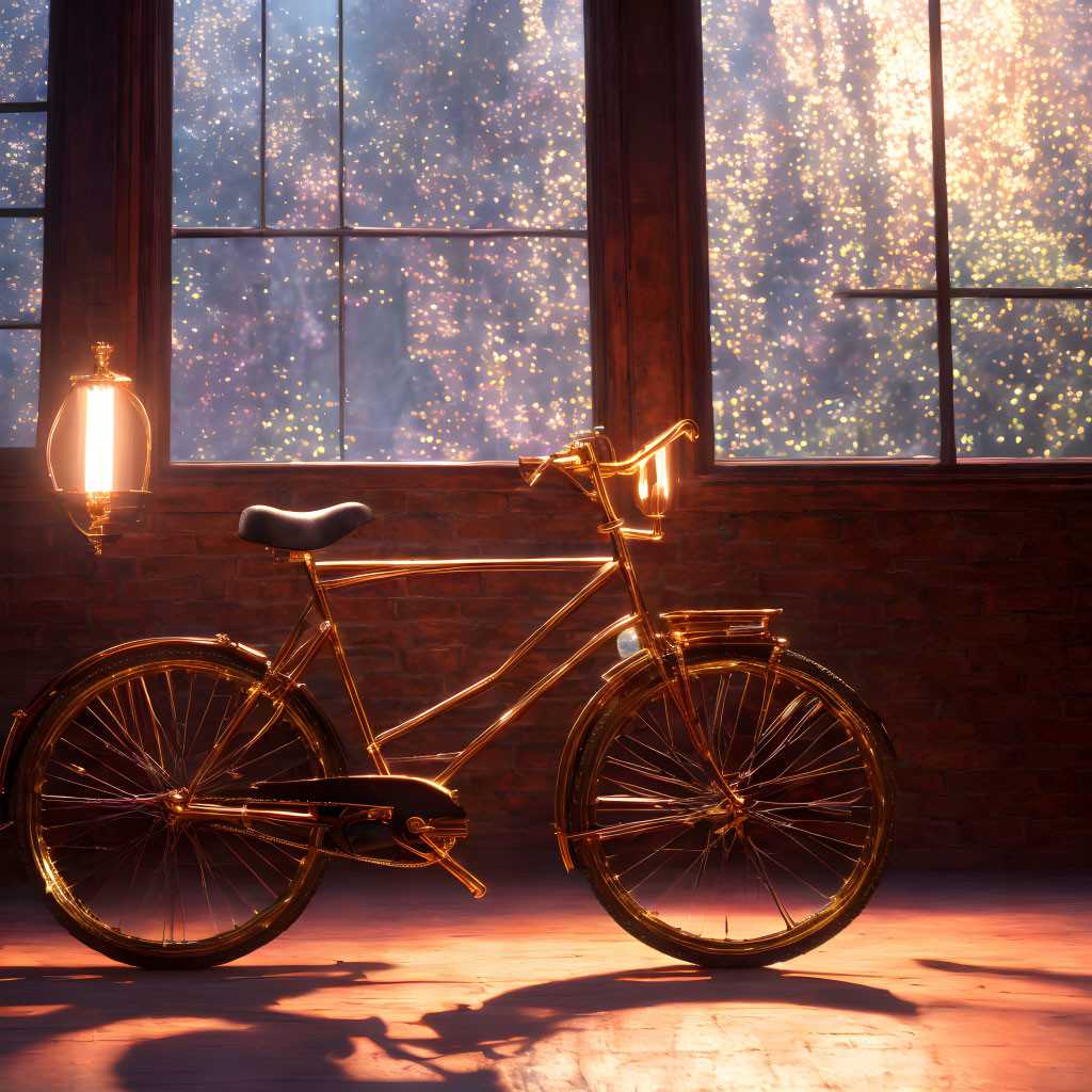 Golden Bicycle in Room with Brick Walls and Starry Night Sky View