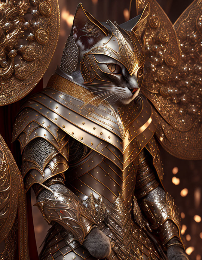 Intricate CGI of cat in medieval armor with cat-shaped helmet