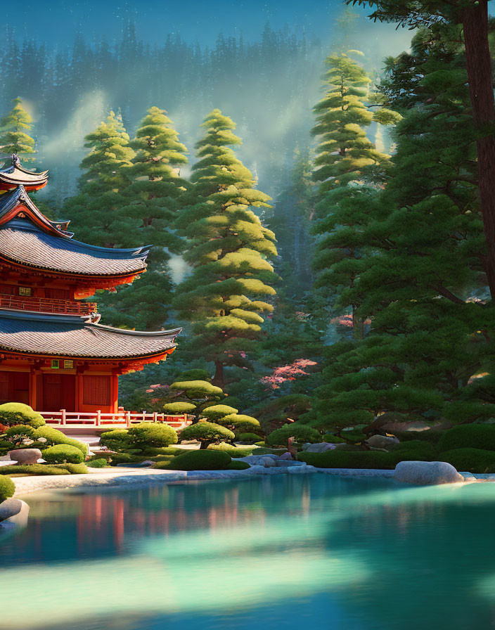 Tranquil Japanese Garden with Pagoda, Trees, and Pond