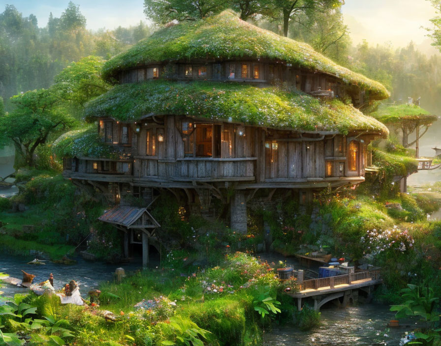 Wooden house on stilts with green roof by serene river and ducks.