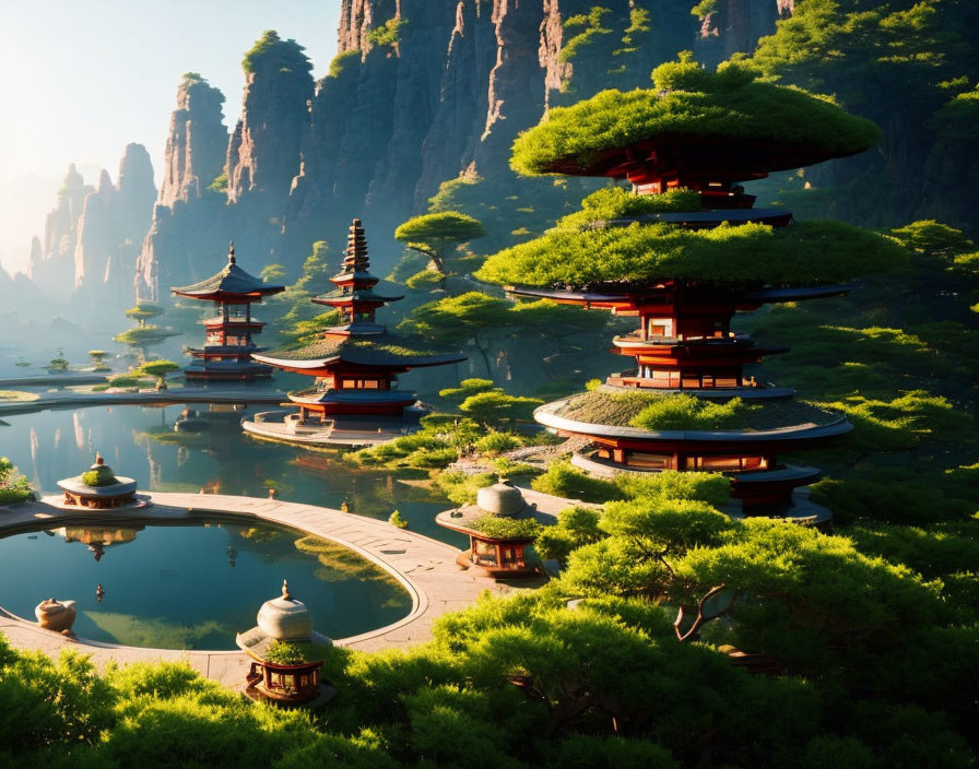 Tranquil Asian landscape with pagodas, lush greenery, cliffs, and water