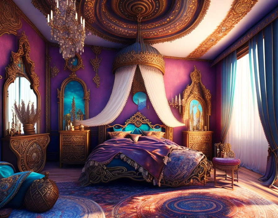 Opulent Purple Themed Bedroom with Gold Details & Canopy Bed