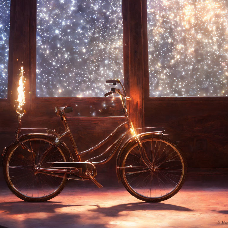 Vintage bicycle illuminated by interior light near large window at night.