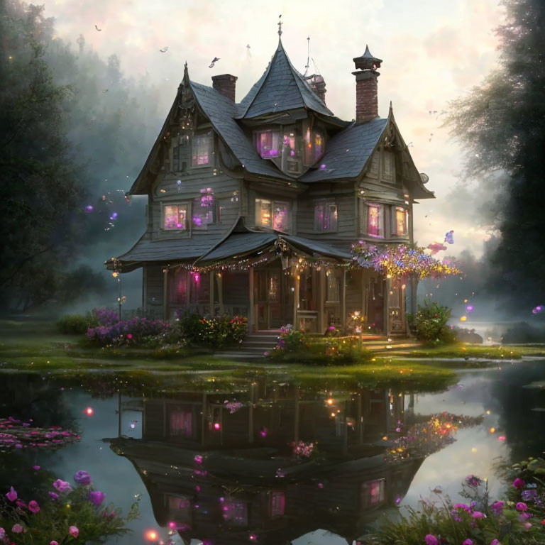 Victorian-style House Twilight Scene with Purple Lights and Pond Reflection