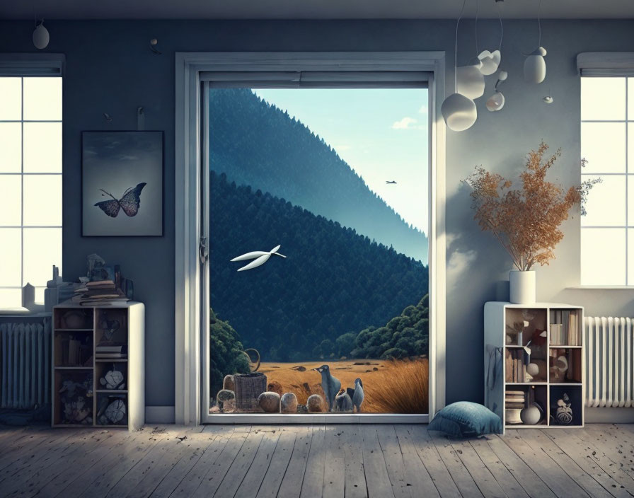 Tranquil room with large window, forested mountain view, cat, and floating whale