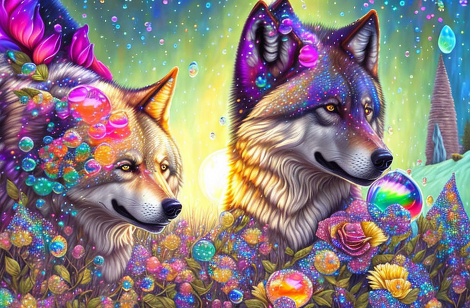 Vibrant colorful wolves in fantastical floral landscape