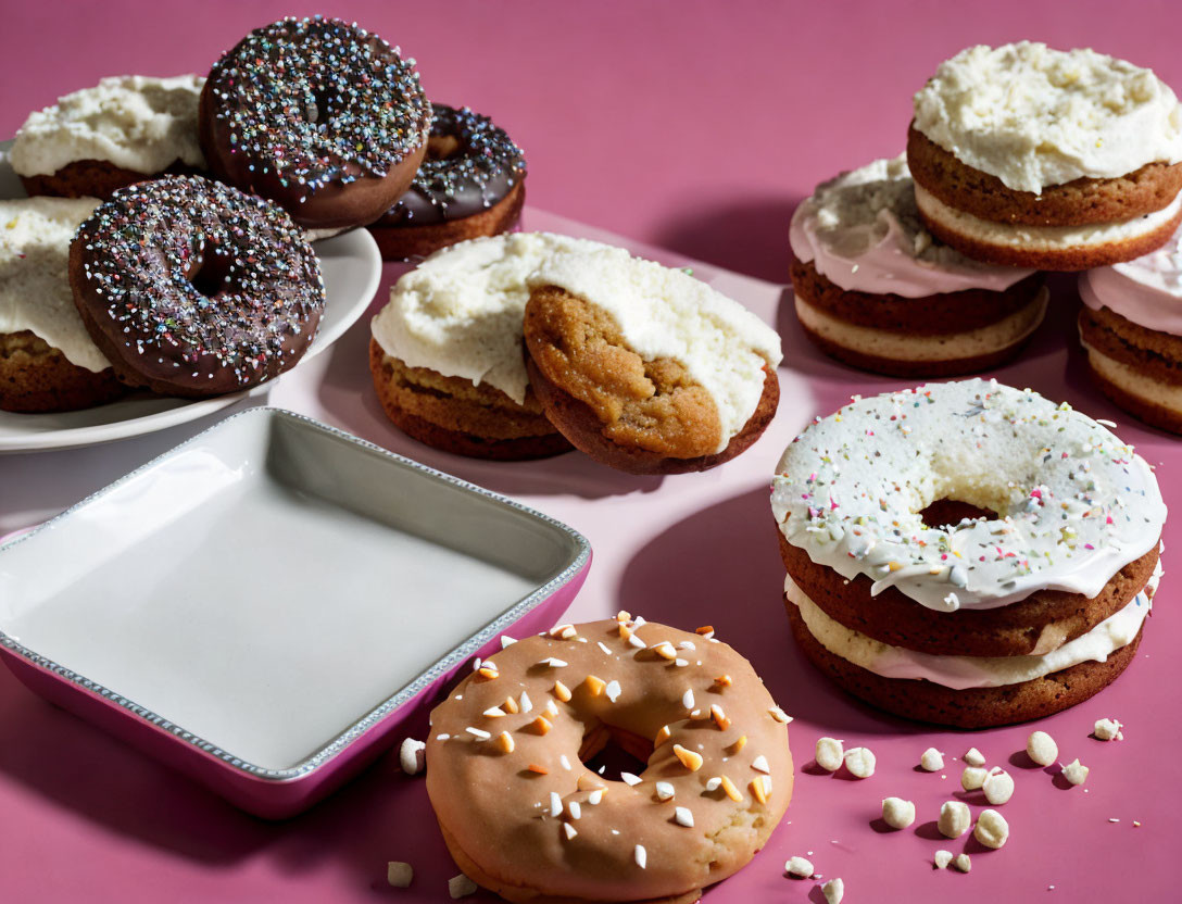 Assorted Frosted Donuts and Cookies on Pink Background