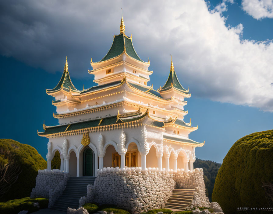 White temple with green multi-tiered roofs and manicured bushes under dramatic sky