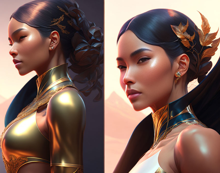 Woman in golden armor with sleek hair in desert setting