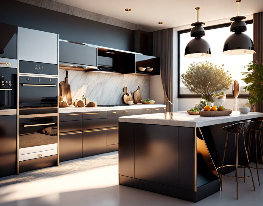 Sleek modern kitchen with dark cabinets and stainless steel appliances