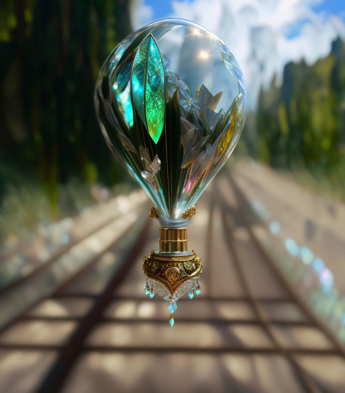 Crystal balloon with gem-like facets and golden trims above forest railway track