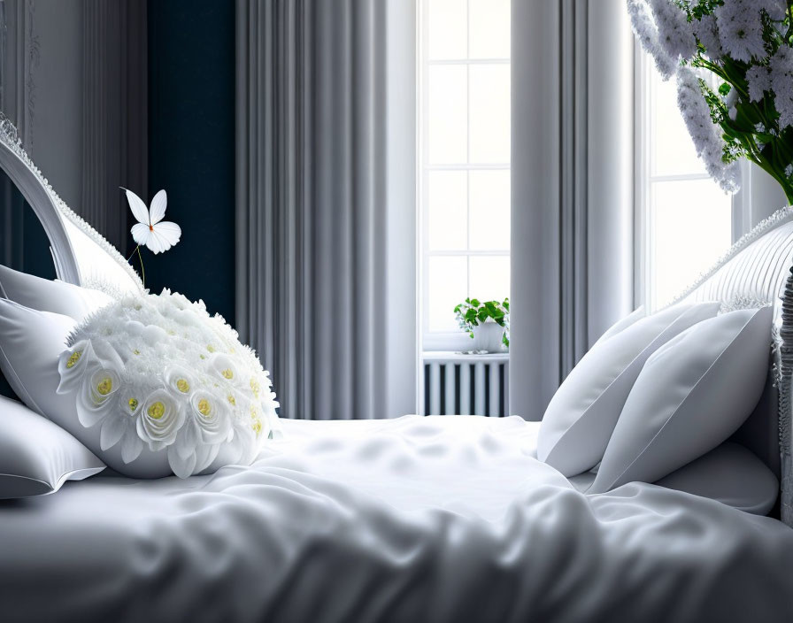 Luxurious White Bed with Floral Bouquet and Butterfly in Elegant Bedroom