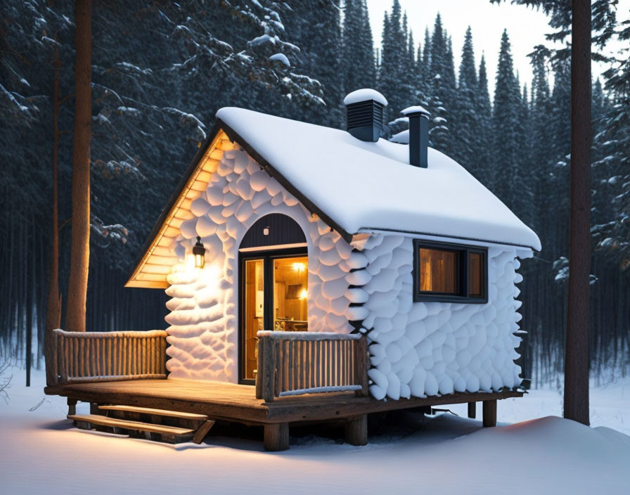 Snow-covered cabin in serene winter forest with warm, lit interior