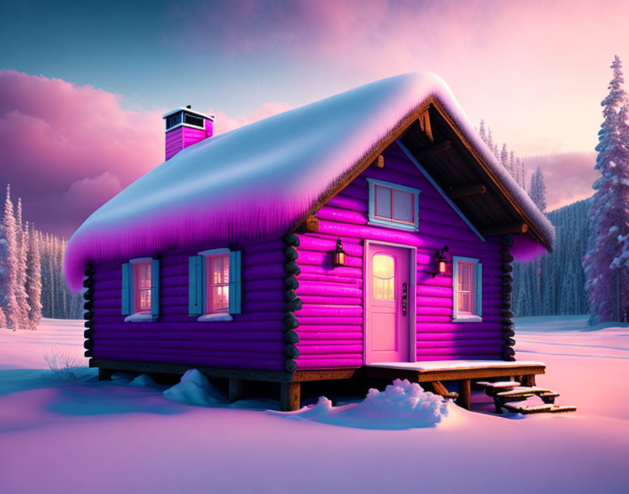 Snowy Purple Cabin in Pastel Sunset Scene