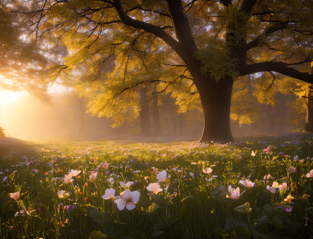 Tranquil park scene at sunrise with large tree and blossoming flowers