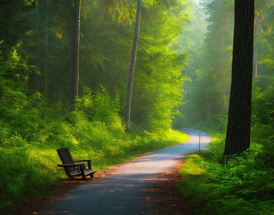 Tranquil Forest Pathway with Green Trees and Bench