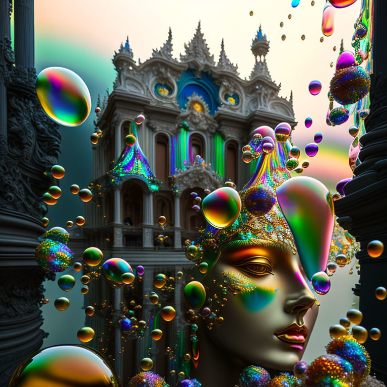 Colorful bubbles and metallic face in surreal scene with ornate building under gradient sky