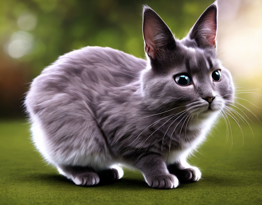 Gray Cat with Blue Eyes Crouching on Green Grass