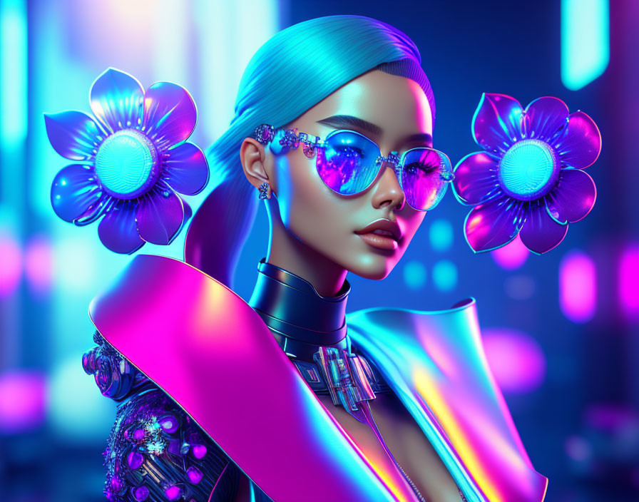 Futuristic woman in cyberpunk setting with blue hair and neon attire