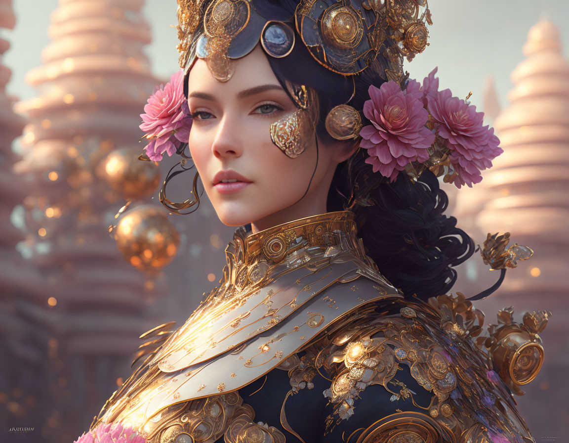 Digital artwork: Woman in golden armor with floral motifs, surrounded by floating spheres and towers.