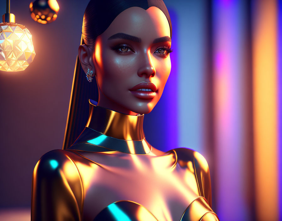 3D rendering of woman with sleek hair and bold makeup in reflective golden outfit