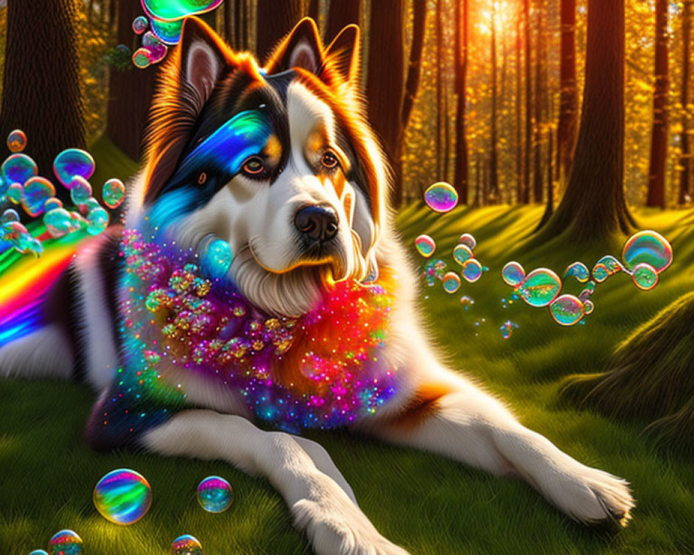 Colorful Dog with Galaxy Fur in Forest Setting with Soap Bubbles