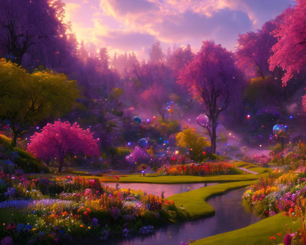 Pink Trees, Winding River, Glowing Orbs: Fantasy Garden Sunset Scene