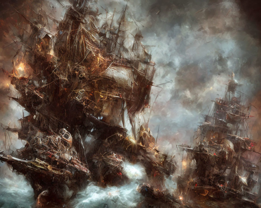 Damaged ships adrift in stormy seas with broken masts and fire.