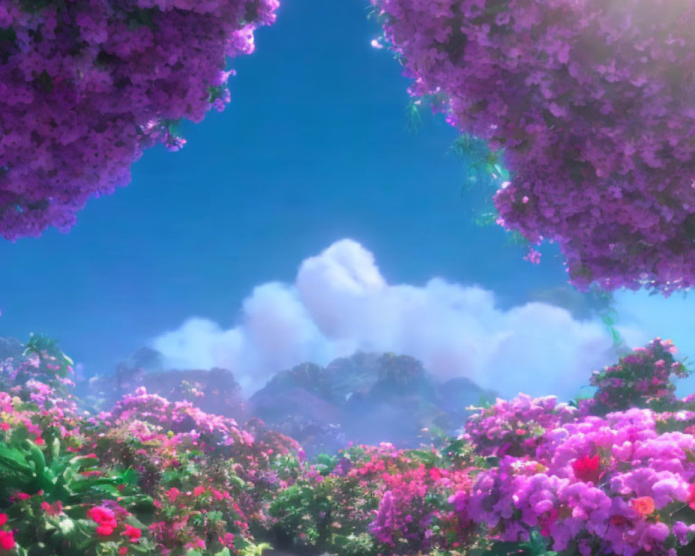 Lush pink and red flower garden under blue sky