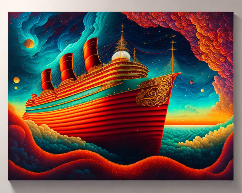 Colorful painting of large red ship on stylized waves with swirling sky