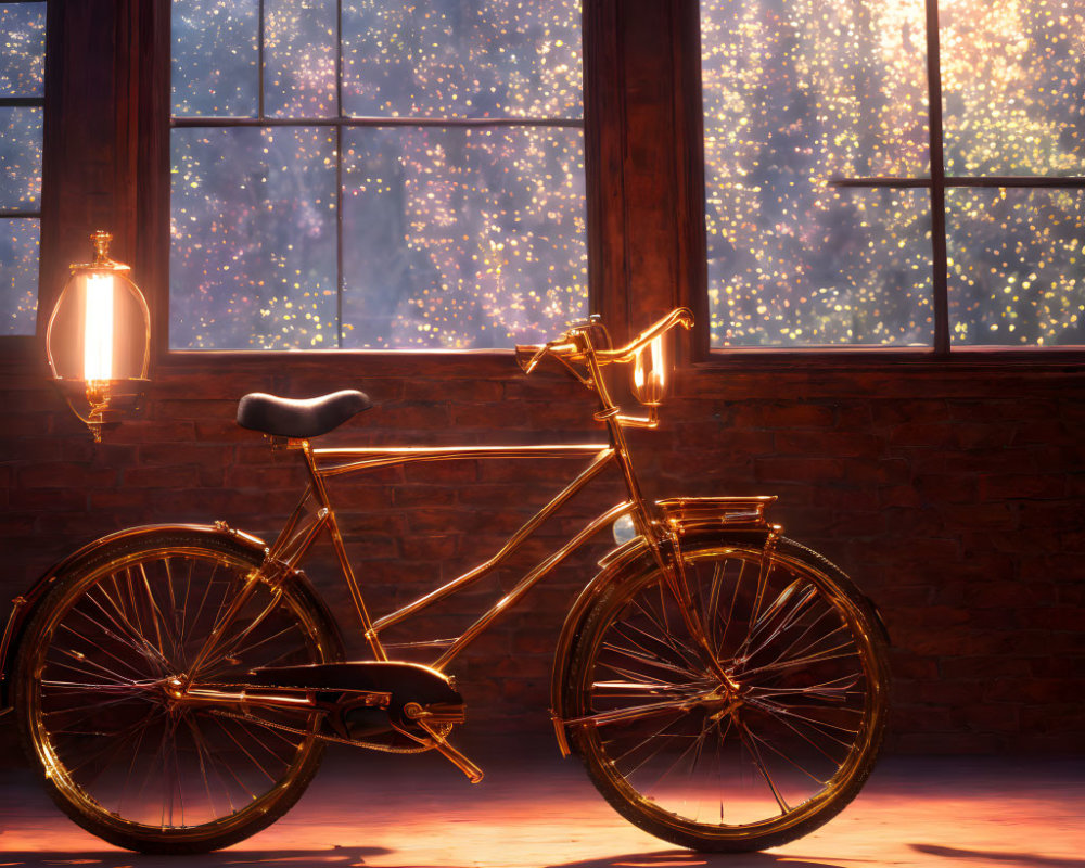 Golden Bicycle in Room with Brick Walls and Starry Night Sky View