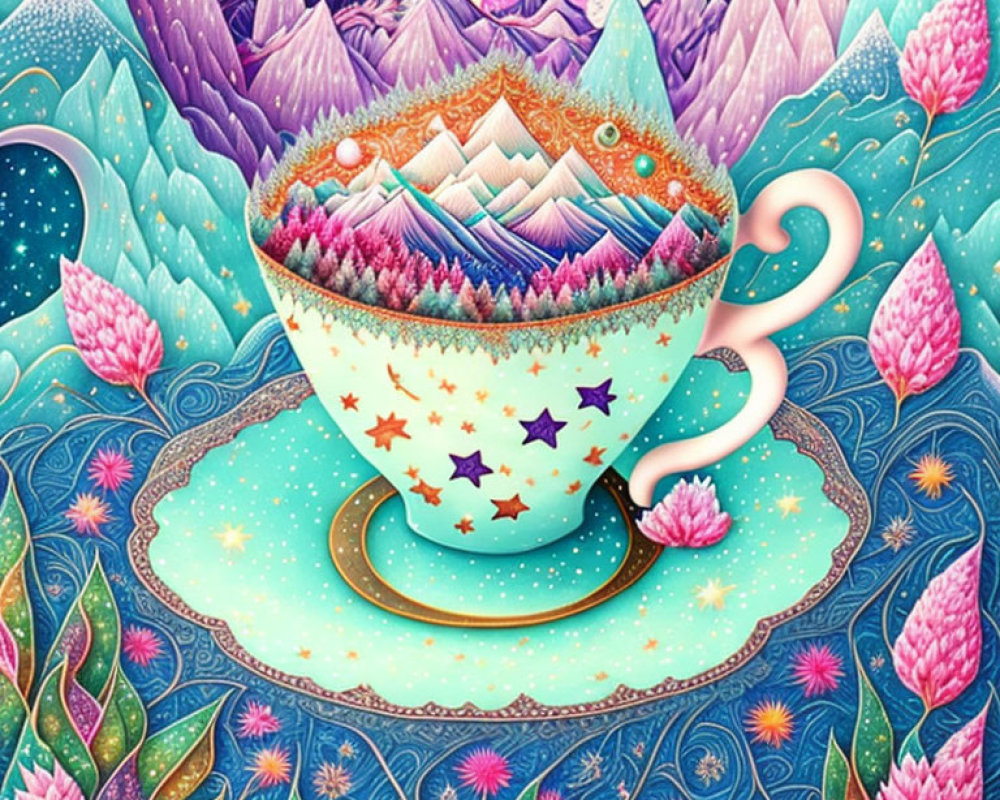 Vibrant landscape inside a whimsical cup illustration