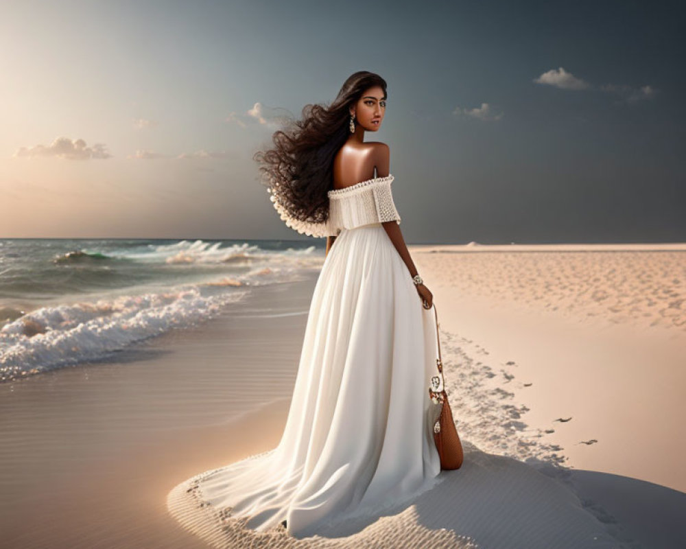 Woman in White Dress on Beach at Sunset with Flowing Hair and Bag