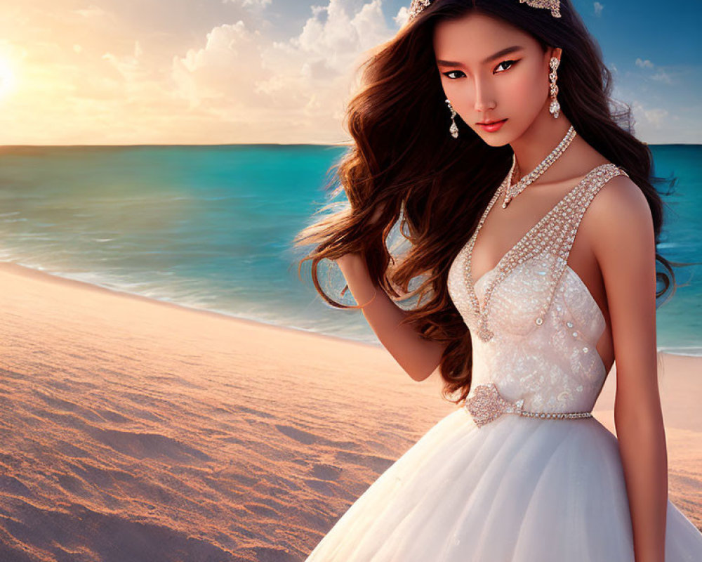 Woman in White Gown with Sparkling Accessories on Beach at Sunset