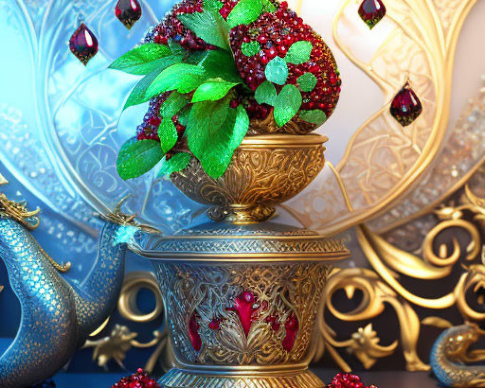 Ornate golden pot with red and green plant on blue background