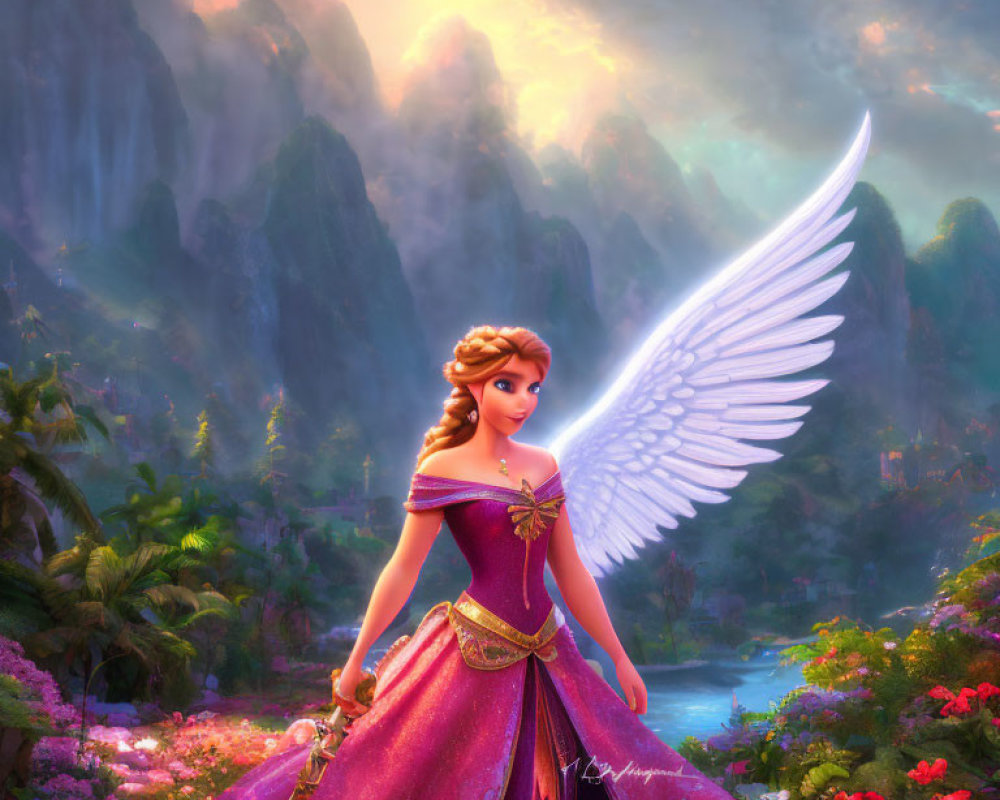 Animated character with angelic wing in fantasy landscape.