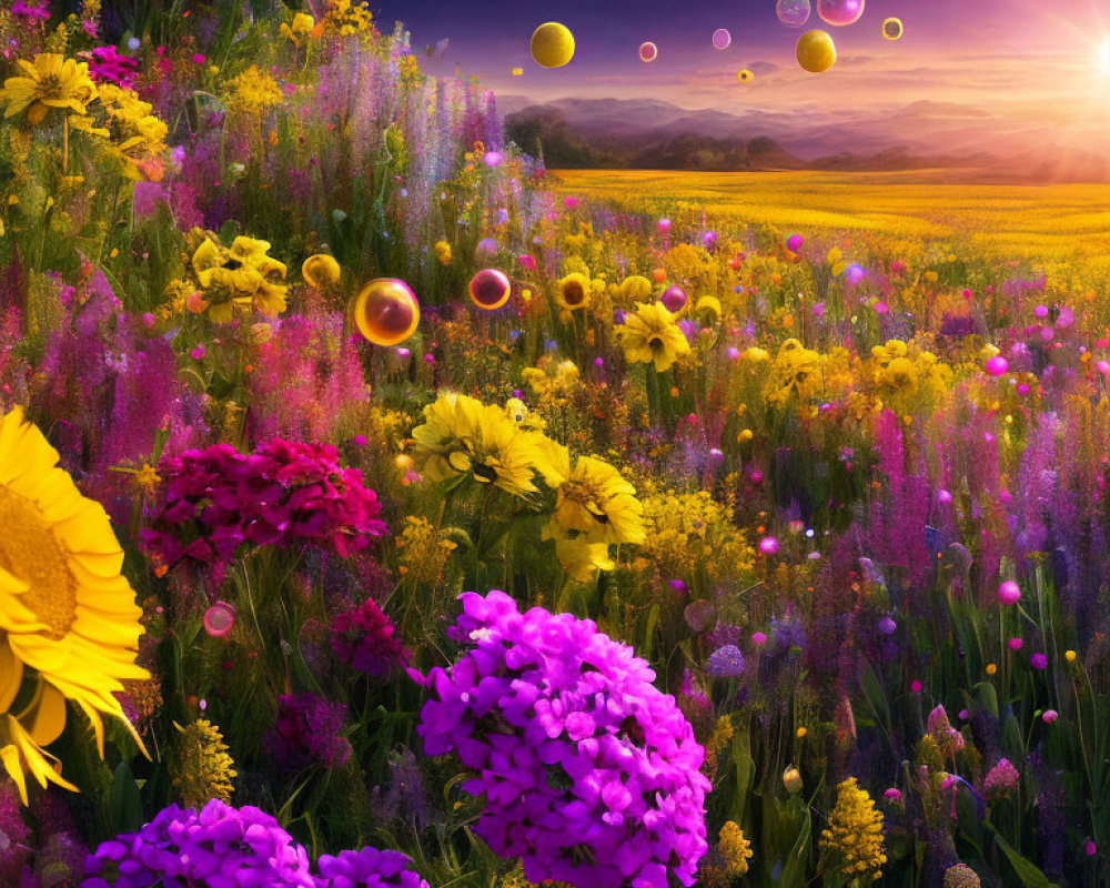 Colorful Flowers Field Under Sunset Sky with Iridescent Bubbles