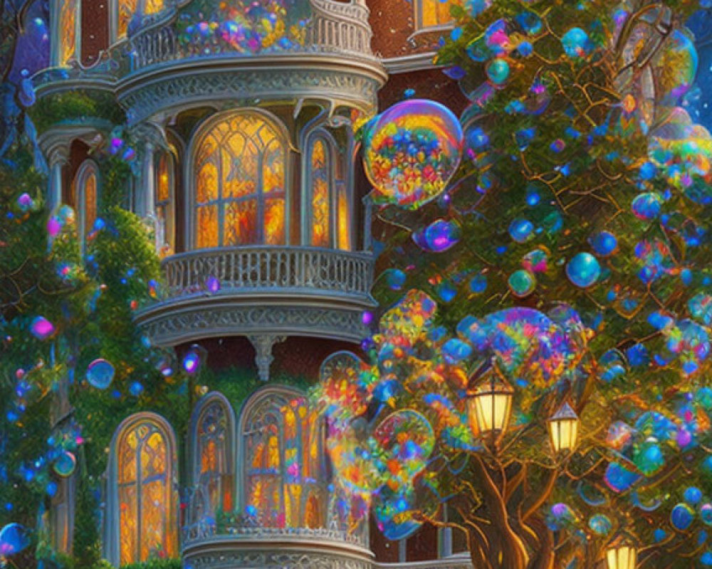 Victorian house at night with glowing bubbles and lush trees