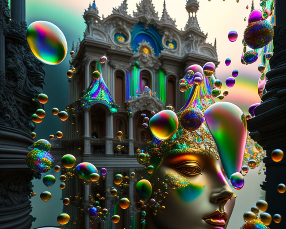 Colorful bubbles and metallic face in surreal scene with ornate building under gradient sky