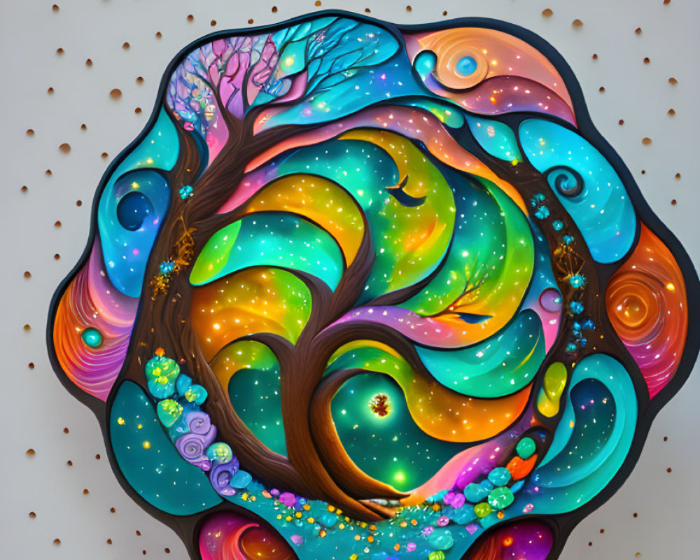 Colorful Psychedelic Tree Artwork with Celestial Elements on Beige Background