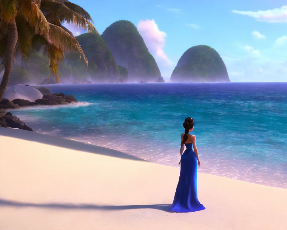 Woman in Blue Dress on Sandy Beach with Ocean and Palm Trees