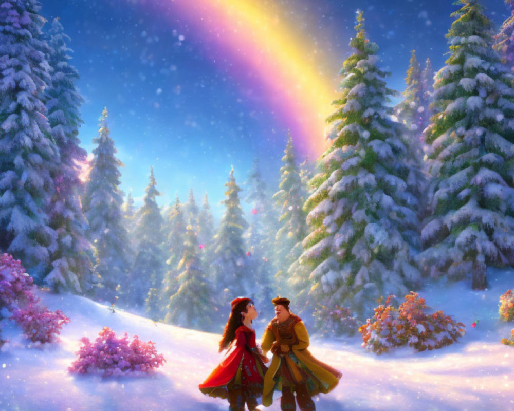 Colorfully dressed couple holding hands in snowy forest under shimmering aurora borealis