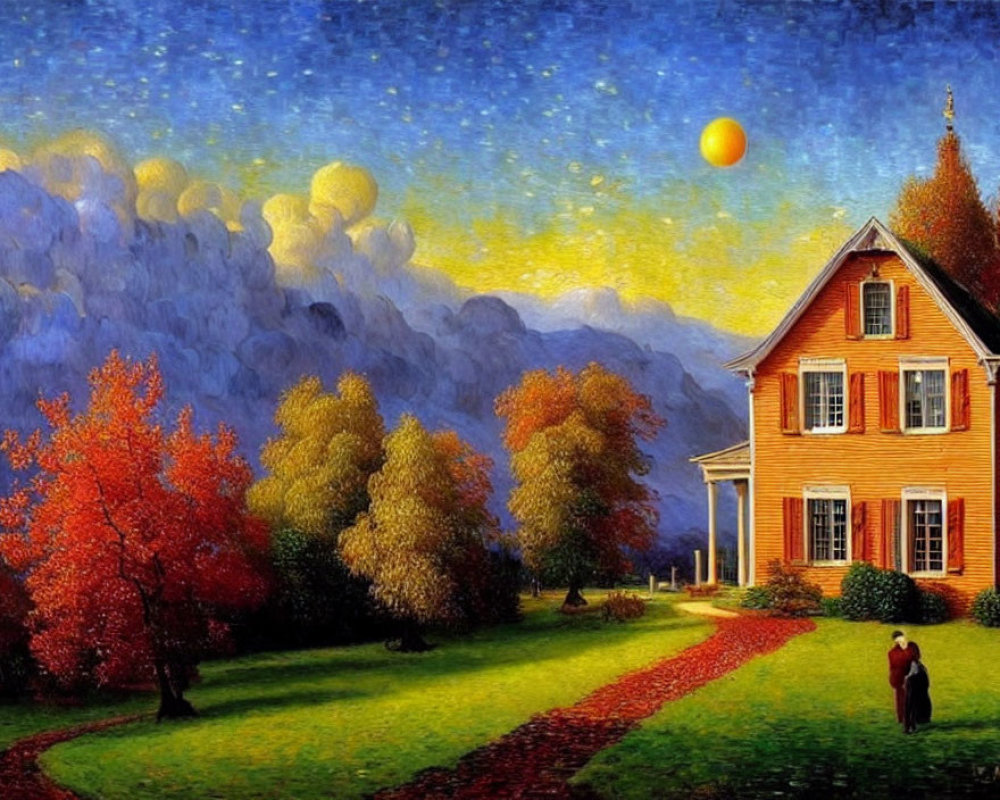 Autumn landscape painting with cozy house, starry sky, and glowing moon.