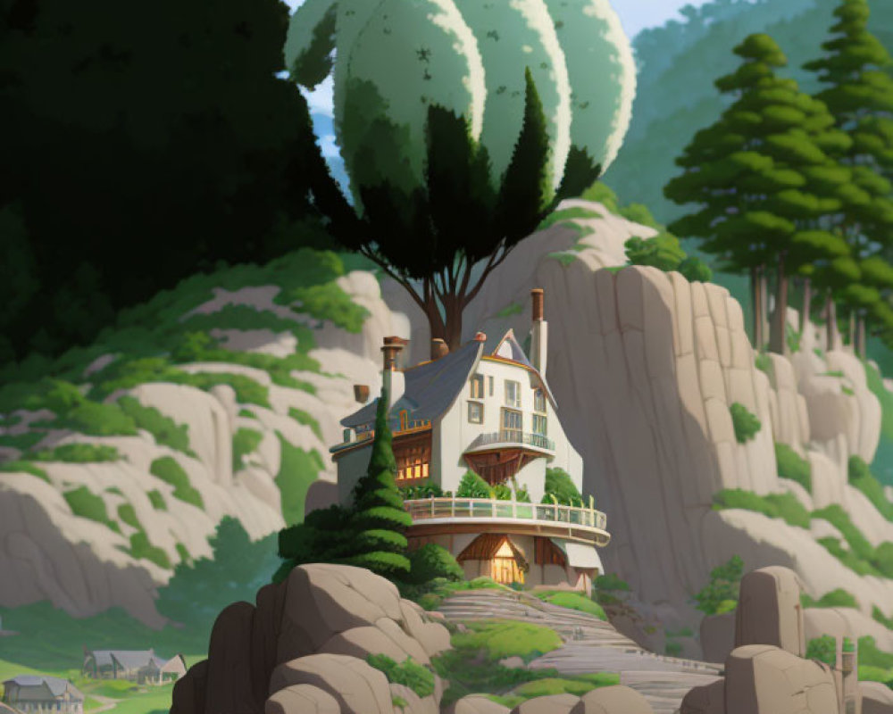 Tranquil illustration of a house on rocky hill with lush trees