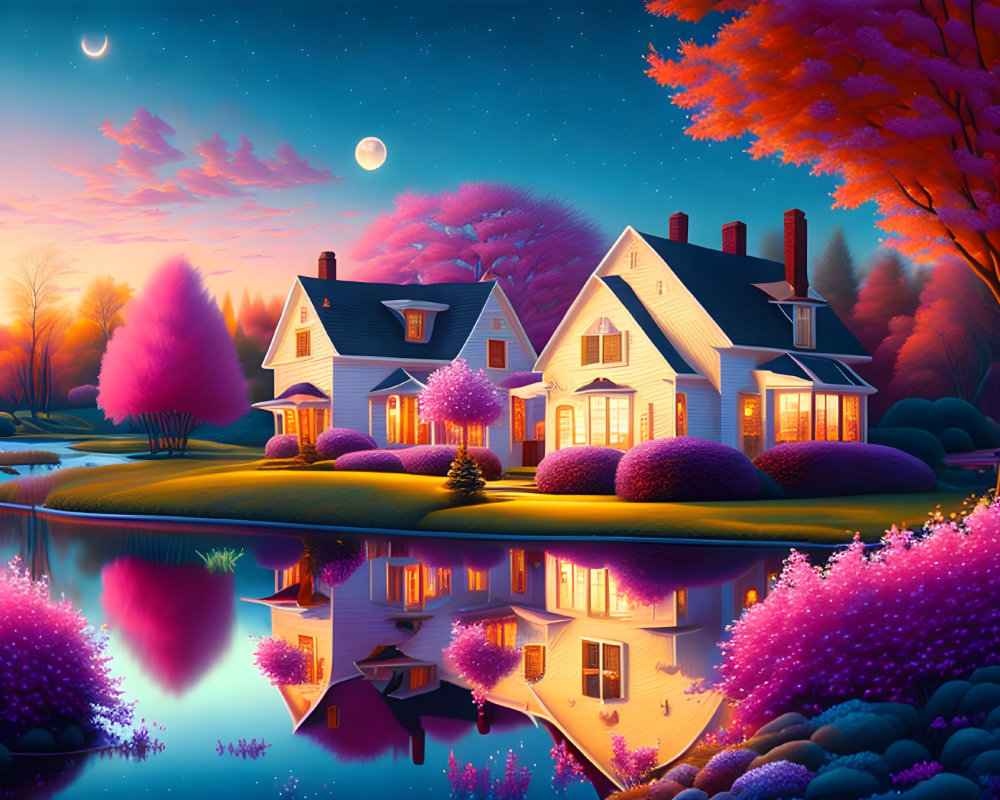 Colorful lakeside house surrounded by blooming trees under twilight sky