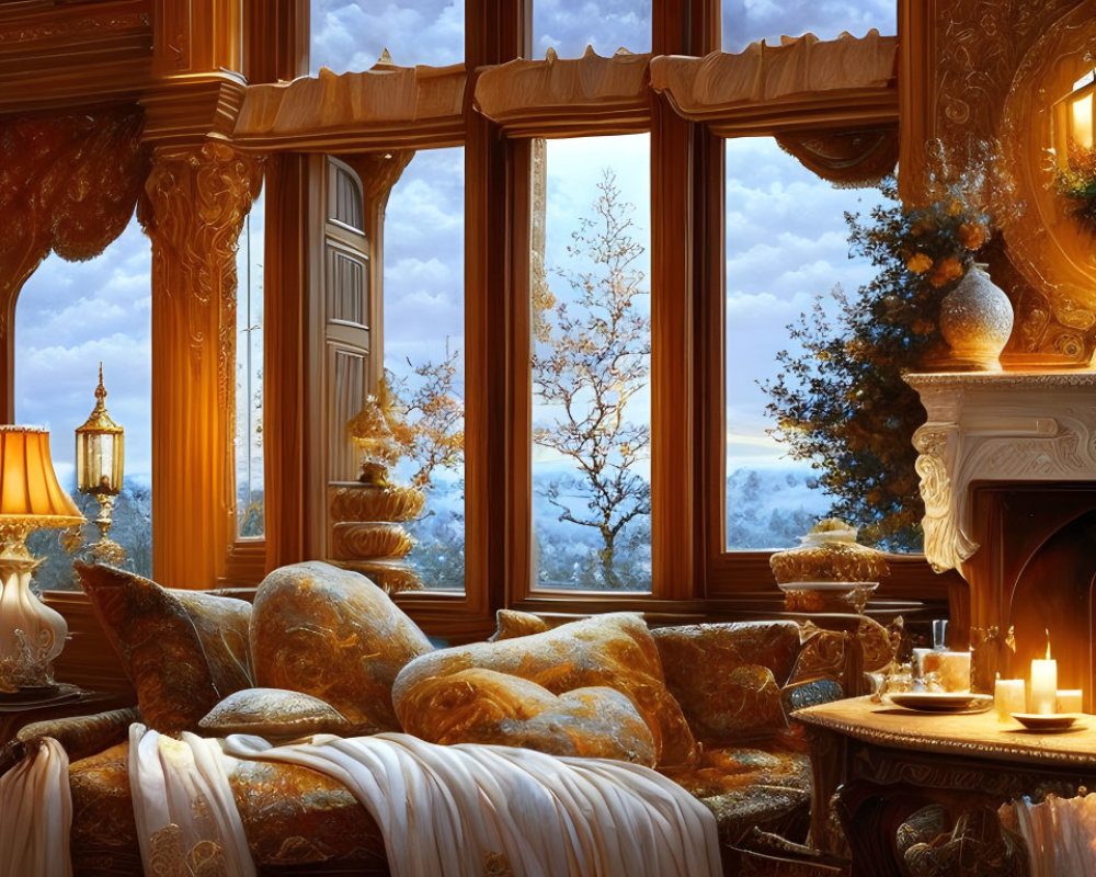 Luxurious living room with wooden walls, plush sofas, fireplace, candles, and snowy tree view.