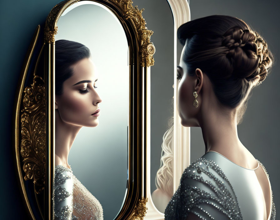 Woman with elegant updo admiring reflection in golden mirror in sparkly dress