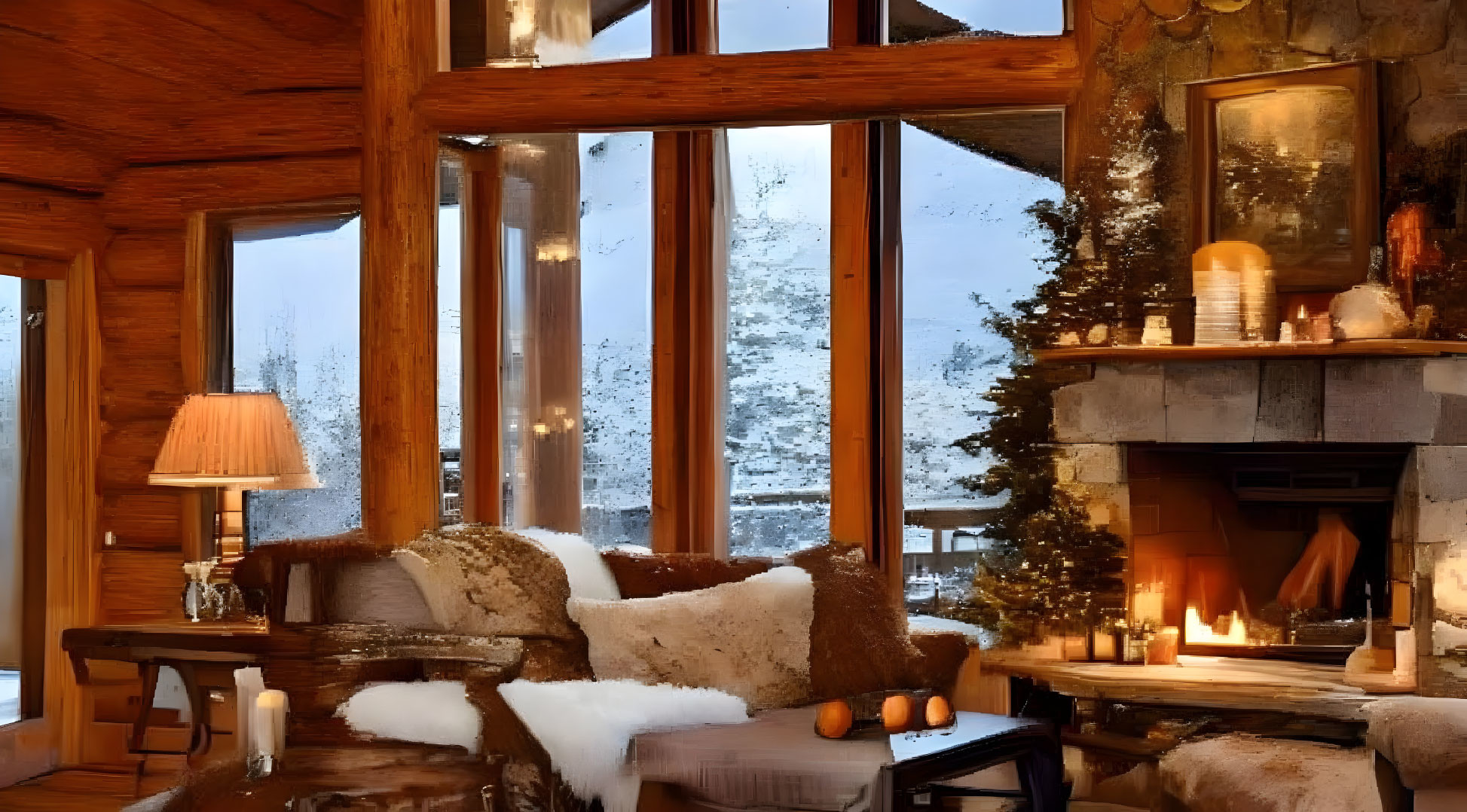 Snowy landscape view from cozy cabin interior with fireplace