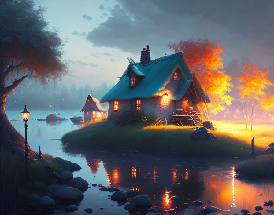 Riverside cottage at twilight with warm glowing windows